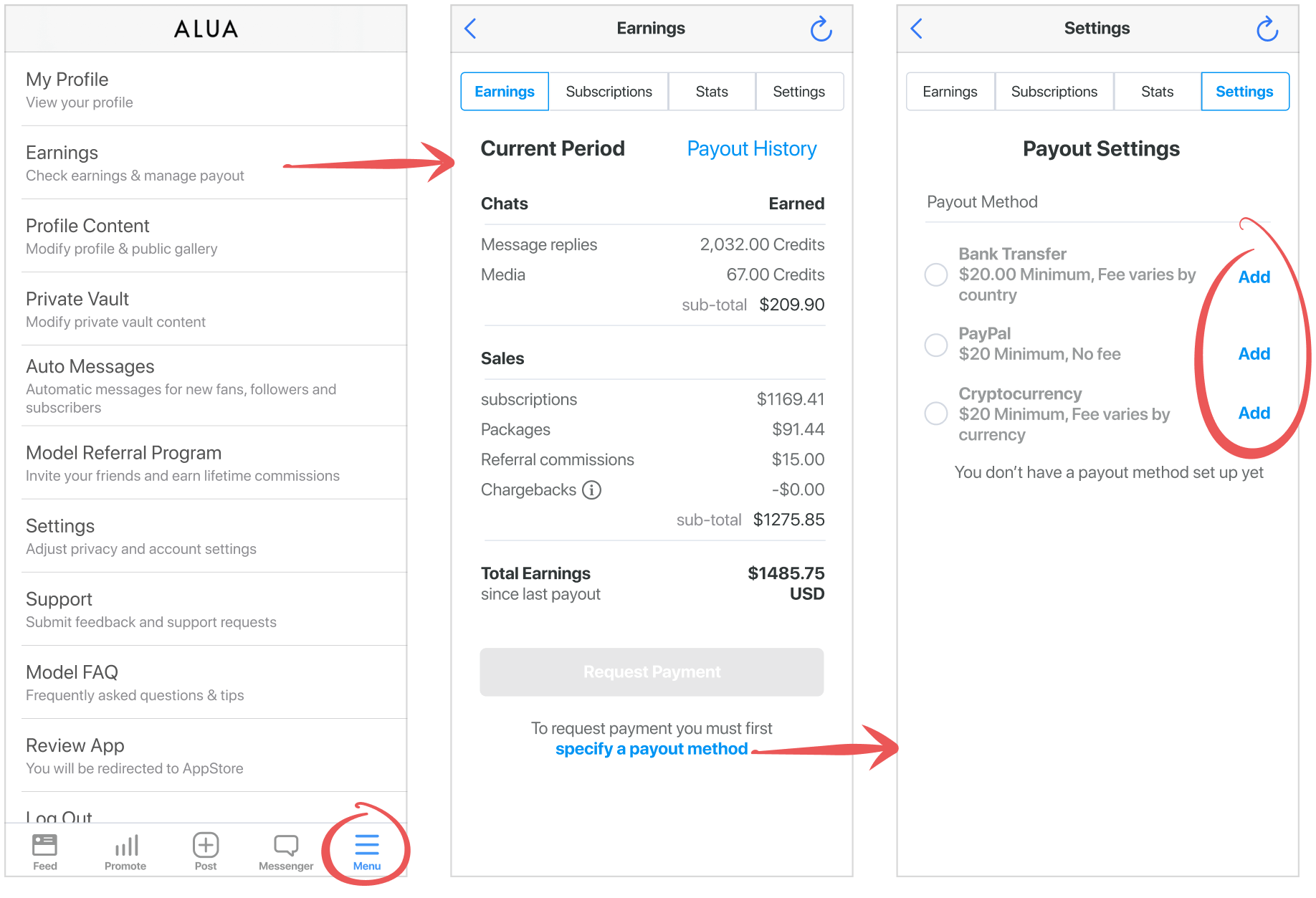 Sample payouts. People's profiles earn from customers.